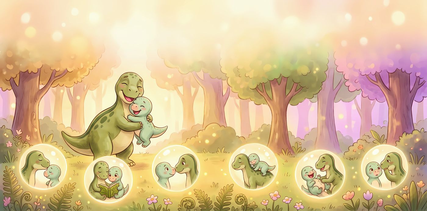 Papa hugs little Theo in a sunny forest, surrounded by bubbles of happy memories