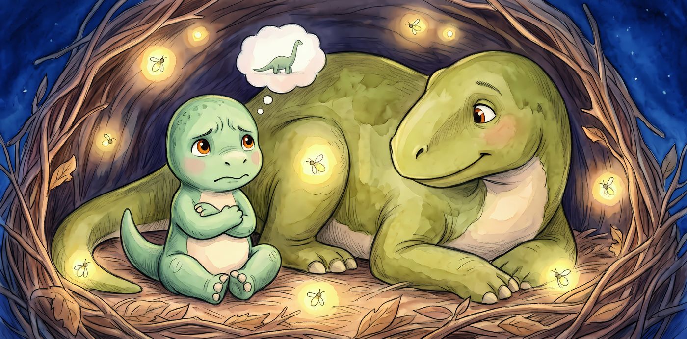 Little Theo curled up in a cozy nest next to Papa, with fireflies glowing around them