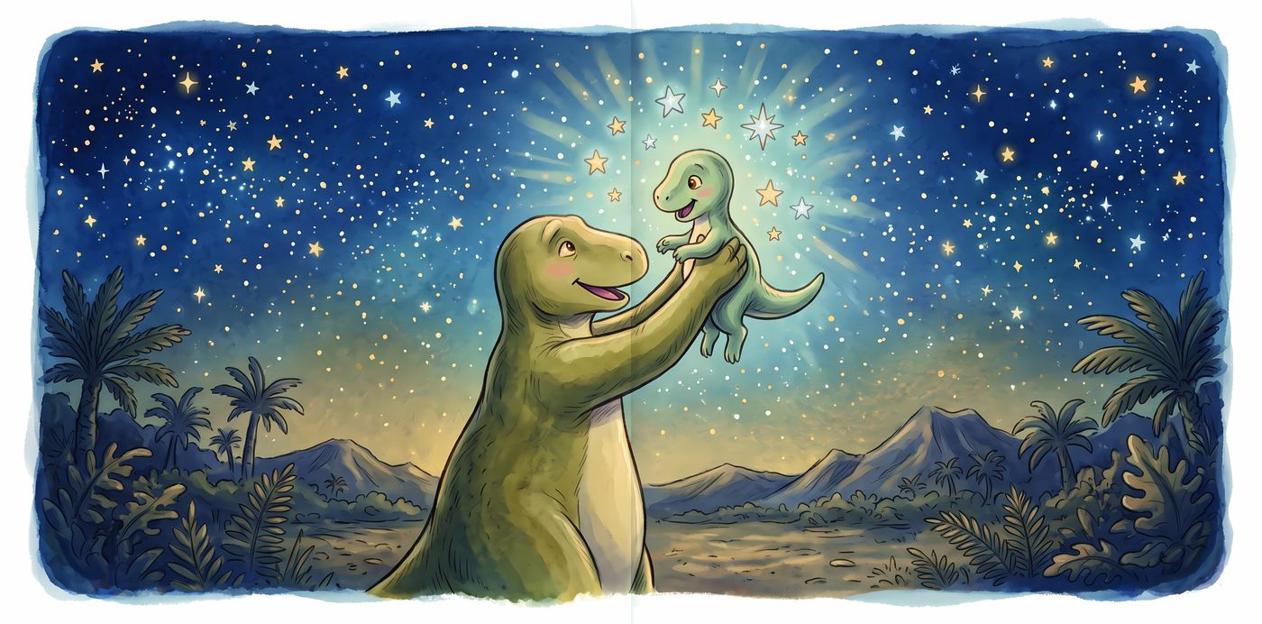 Papa lifts little Theo high under a sky full of stars
